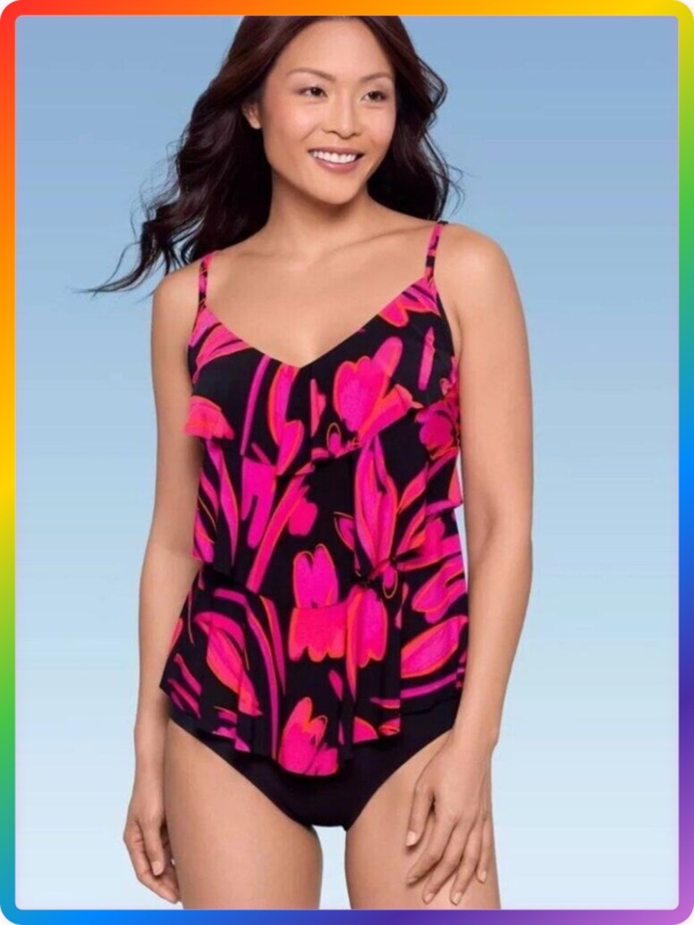 Aqua Green Floral Flyaway Tiered Tankini Top SIZE S Black Pink